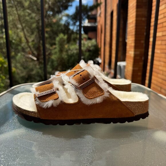 New Birkenstock Arizona Shearling Sandals in Suede Mink Brown US 8 / EUR 39 - Picture 7 of 12
